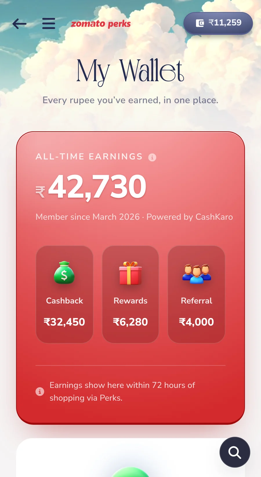 Wallet on a phone: all-time earnings on a red passbook card