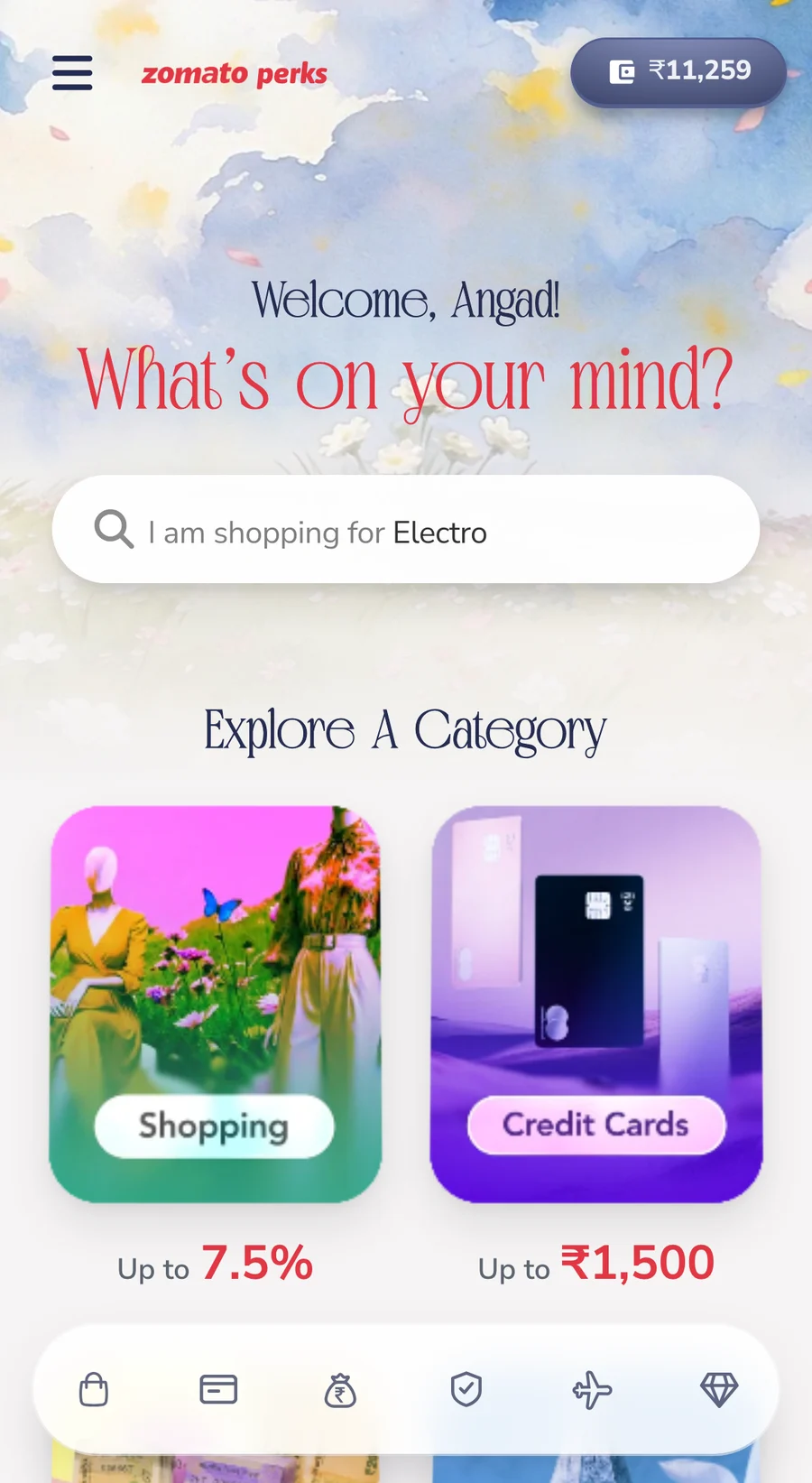 Portal home on a phone: welcome Angad, a search pill and a category grid