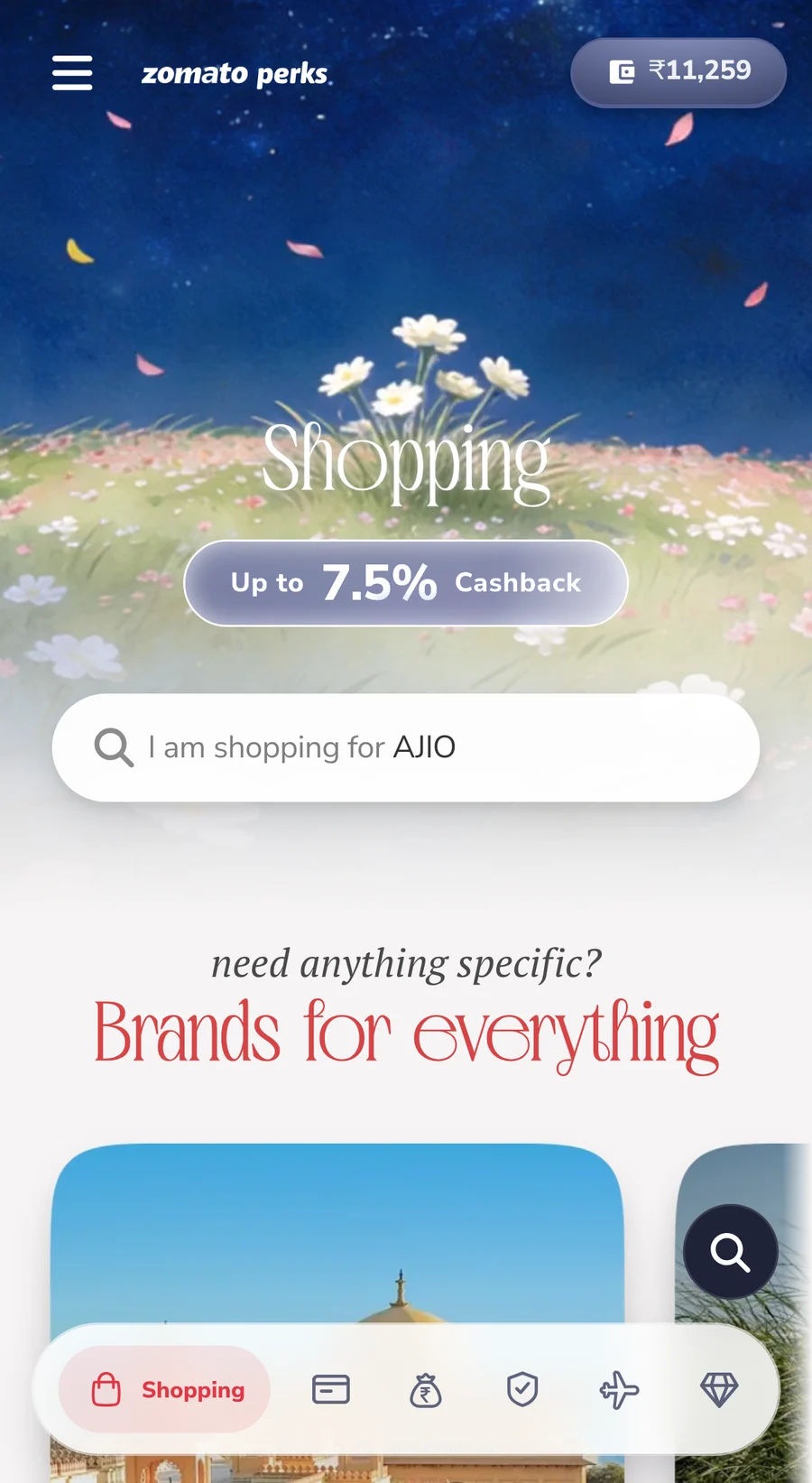 Shopping on a phone: a night meadow hero, a search pill and a brand scroller