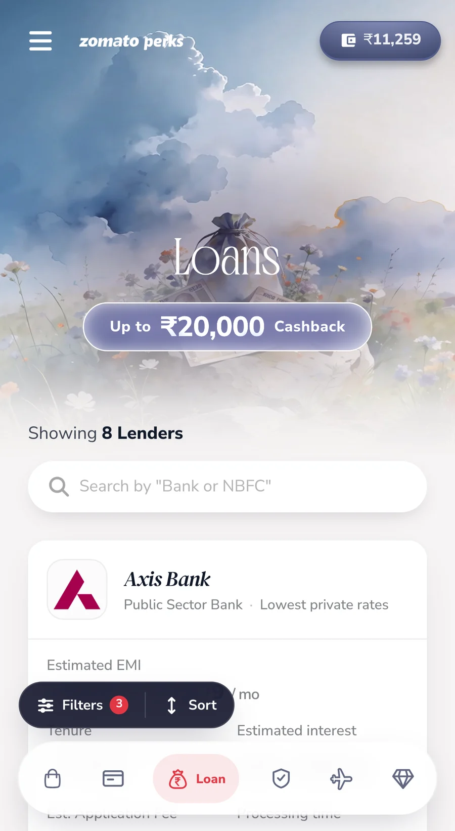 Loans on a phone: a loan type toggle, an amount slider and lender cards