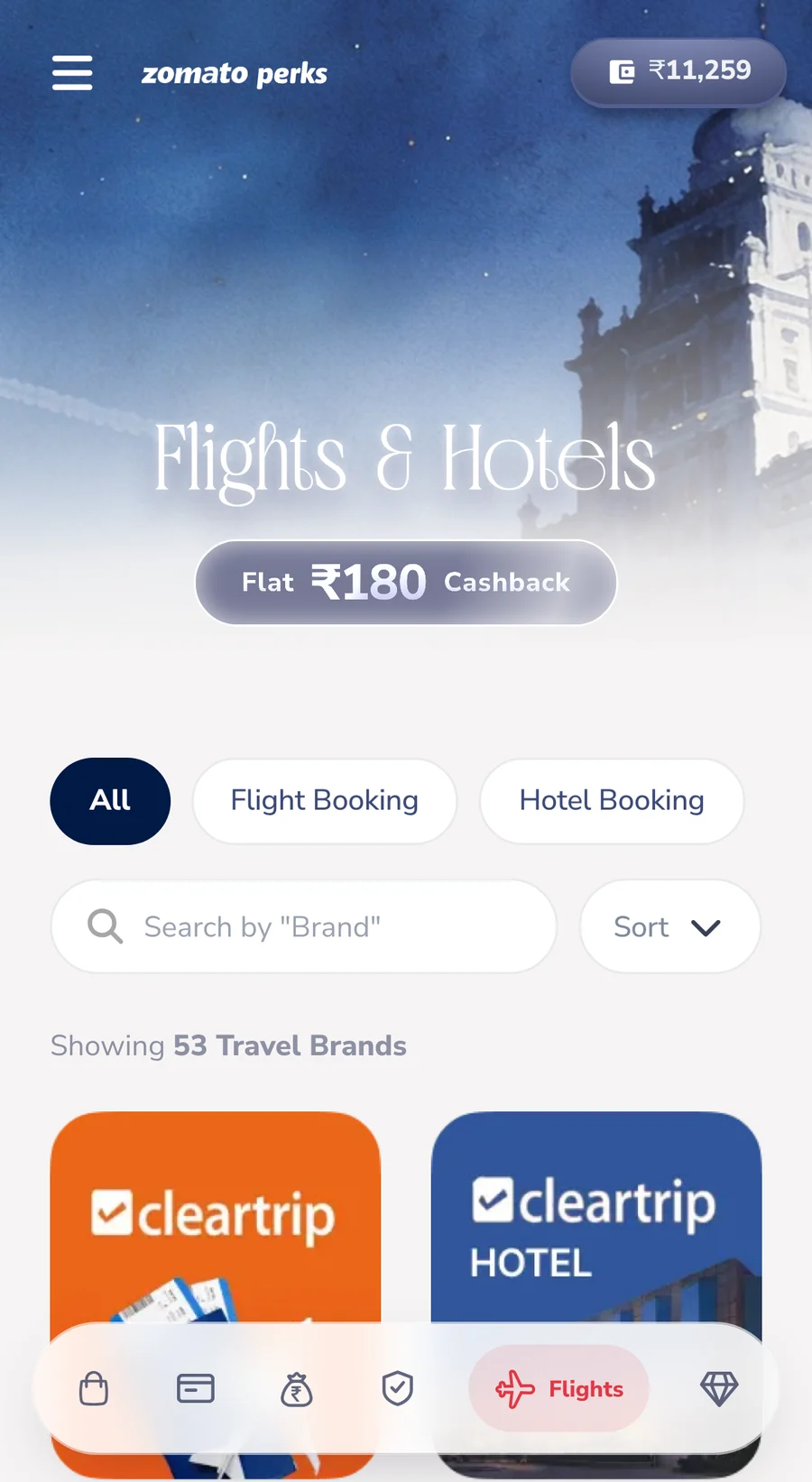 Flights and hotels on a phone: tabs and partner tiles